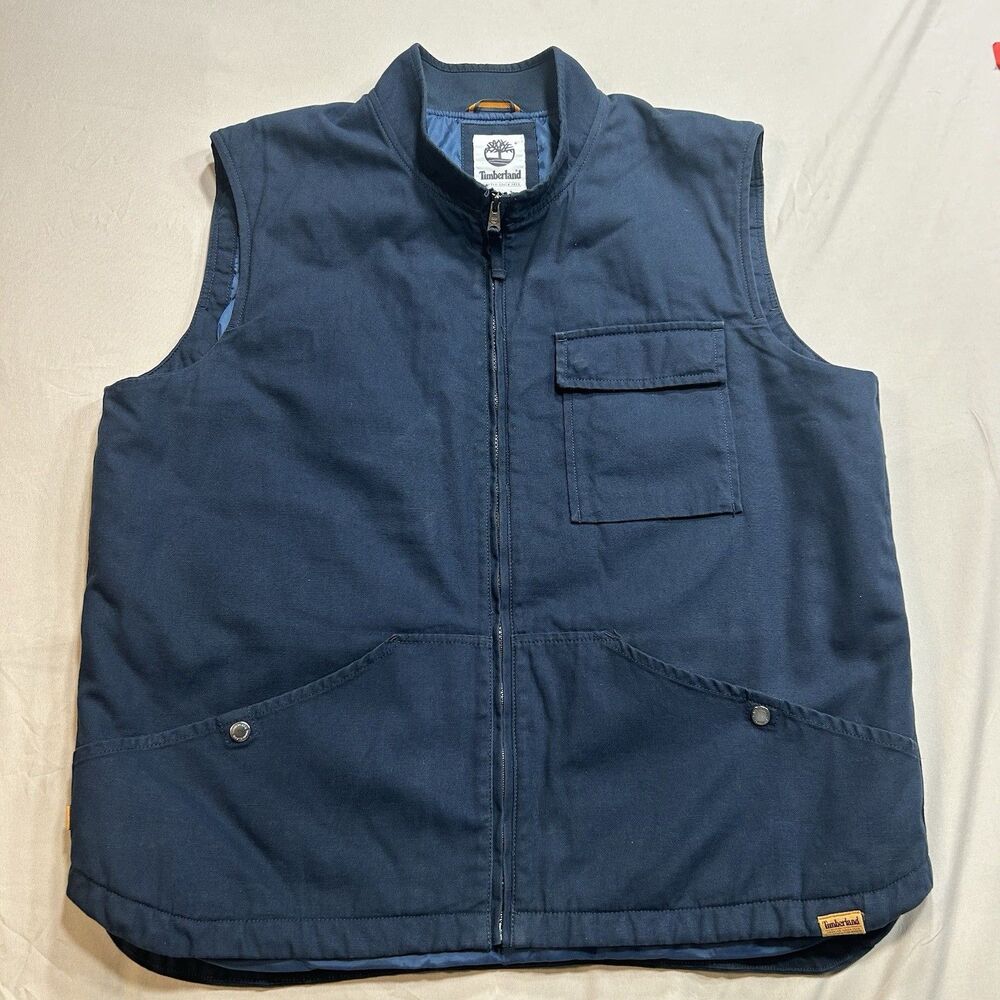Timberland Men’s XXL Insulated Cotton Canvas Vest Navy Blue Zip Front